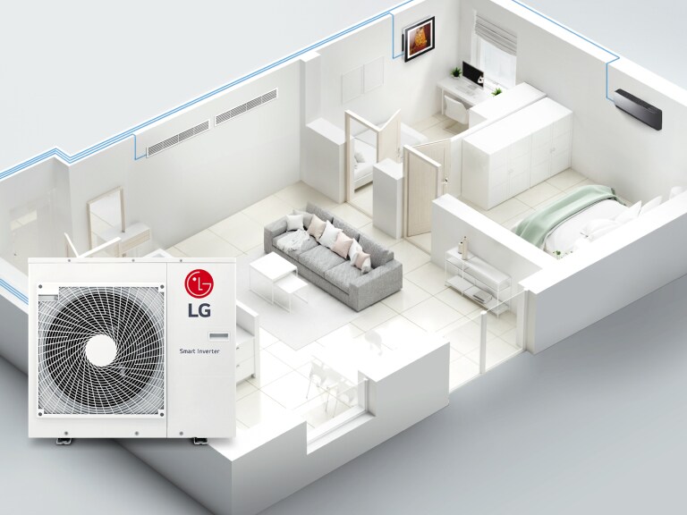 Una vista en sección de la casa muestra las tuberías azules de una unidad Smart Inverter de LG que serpentean por la casa, conectando tres unidades interiores en cada habitación.