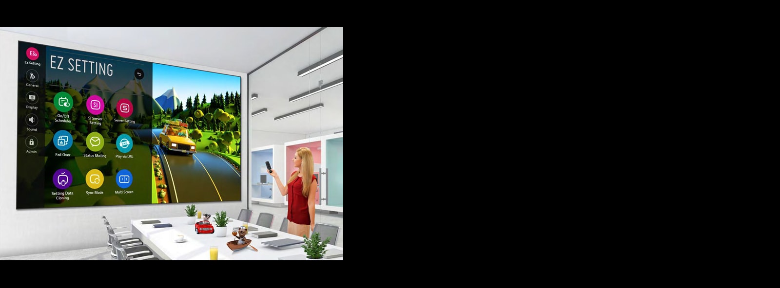 Una mujer en una sala de conferencias accede a la configuración fácilmente con un control remoto