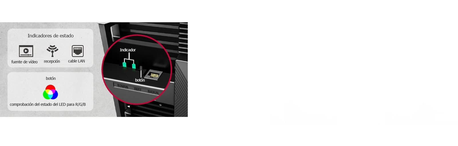 Muestra los indicadores de estado y un botón para la comprobación del estado del LED.