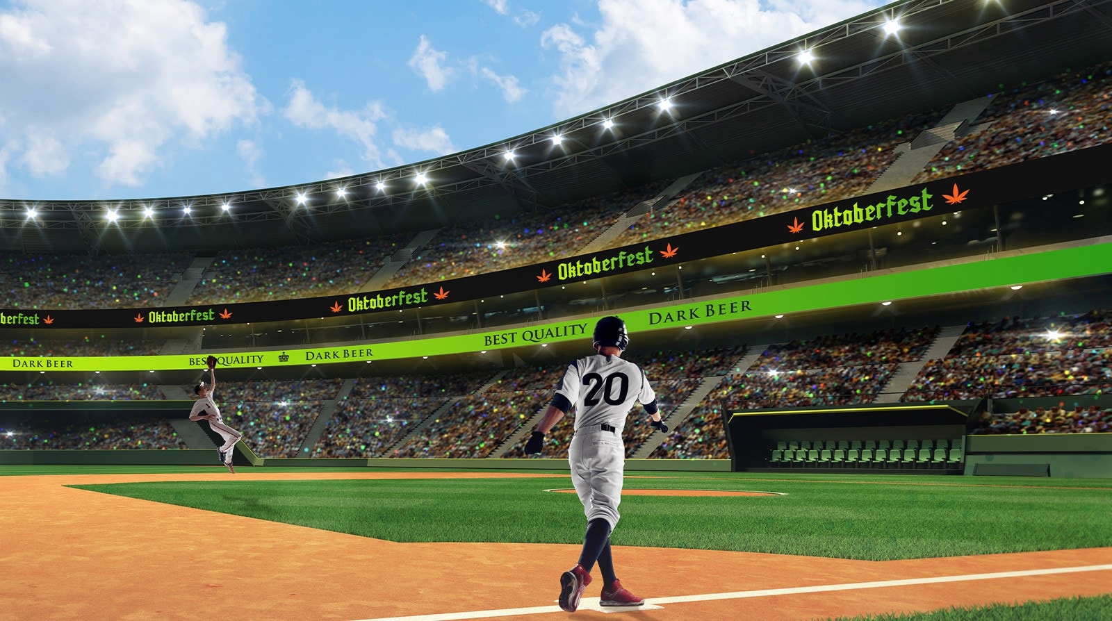 Se está jugando un partido de béisbol en un estadio de béisbol lleno de gente. En el estadio, los LED de Ribbon Board están instalados alrededor de las paredes de cada piso, y la pantalla muestra anuncios de cerveza.