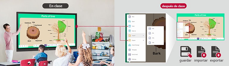 Los materiales utilizados para realizar la clase se pueden compartir a través de la función de importación y exportación de LG CreateBoard después de la clase.