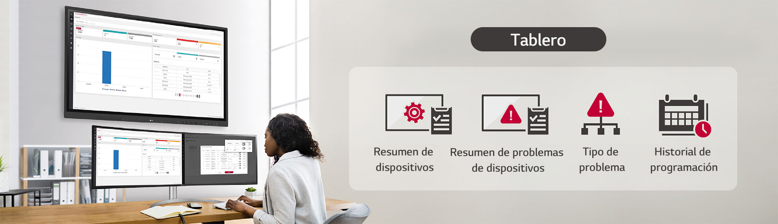 Un administrador de IT administra/controla el estado de LG CreateBoard a través de LG ConnectedCare DMS.