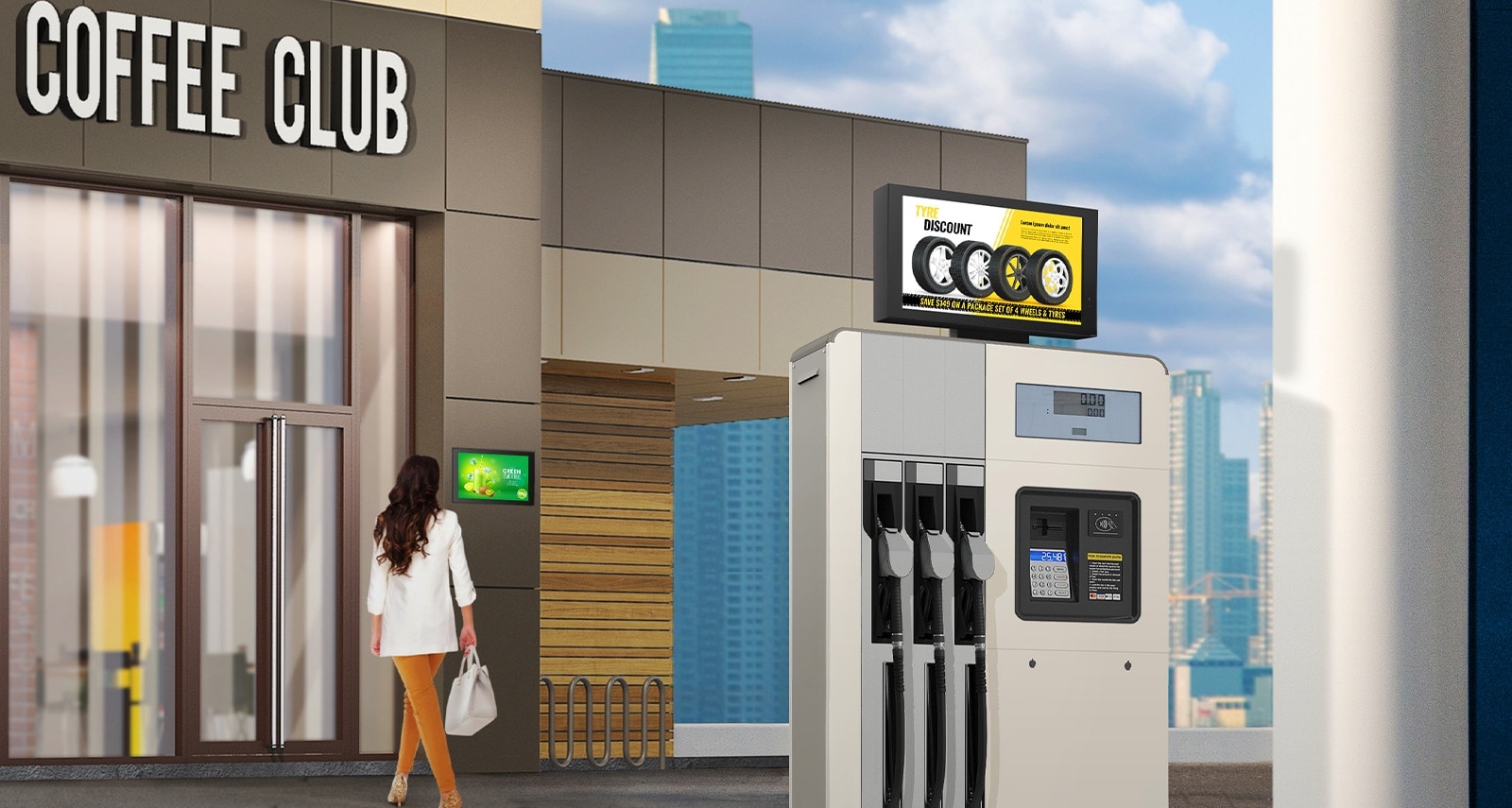 Los anuncios de neumáticos se muestran en un 22XE1J instalado en la parte superior del lubricador de gas. Una señora que entra en un café mira el anuncio del 22XE1J que está instalado en la pared del edificio.