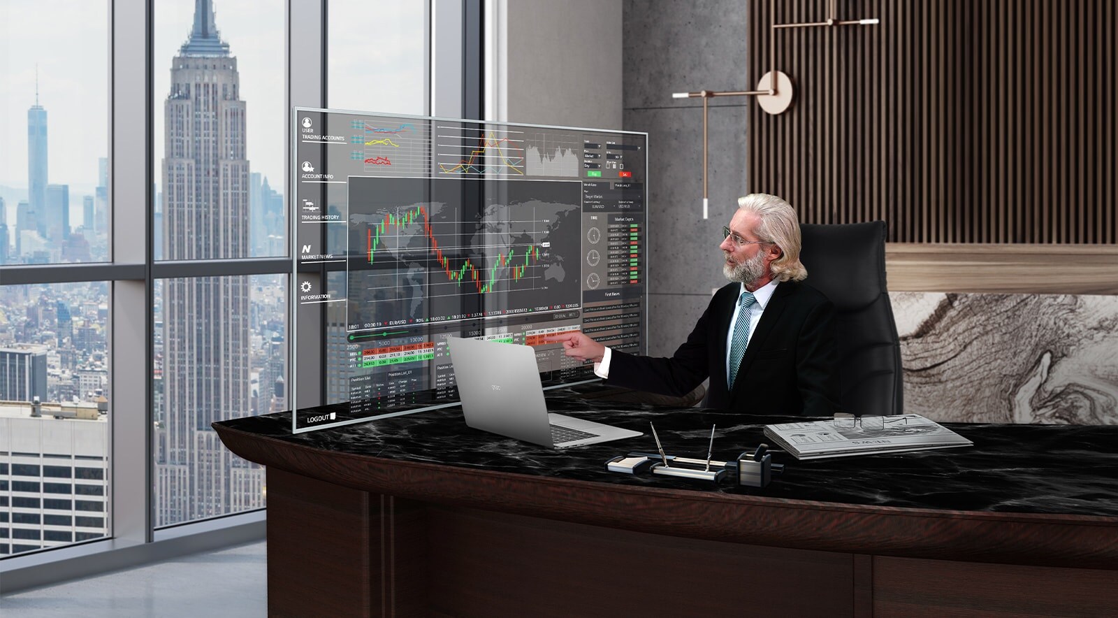 Un hombre está haciendo su trabajo mirando los datos que se muestran en la pantalla OLED transparente.