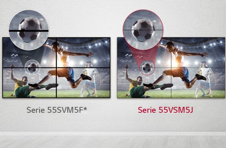 La serie 55VSM5J consiste en menos espacios de imagen entre las pantallas de mosaico en comparación con la serie 55SVM5F. Esto mejora la experiencia de visualización del contenido mostrado, ya que minimiza la perturbación visual por los espacios.