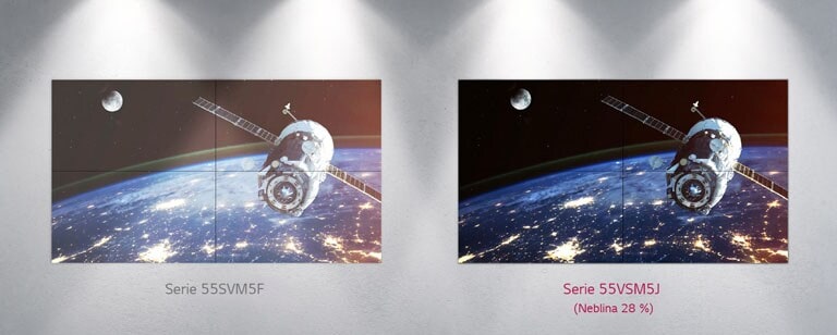 La serie 55VM5F se ve afectada por luces brillantes, lo que le da una capa de blanco sobre la imagen. Por el contrario, la pantalla de la serie 55VSM5J puede permanecer vibrante bajo luces brillantes.