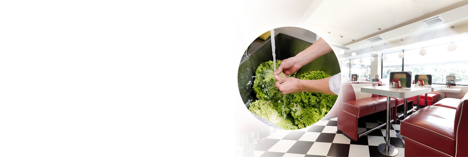 Imágenes de lavado de verduras con agua caliente e interior de un restaurante de comida rápida.