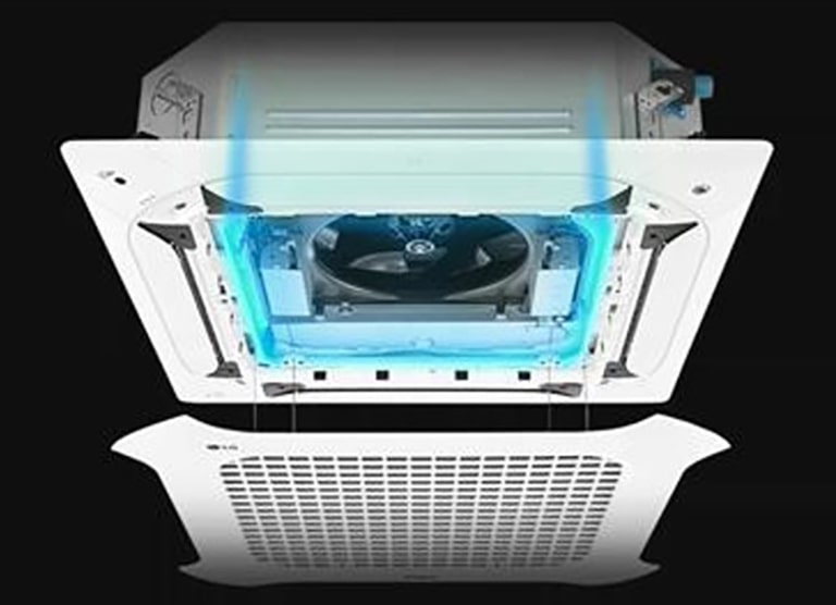 The checkered LG Ceiling Cassette's bottom panel opens, exposing its internals. A blue highlight emphasizes airflow.