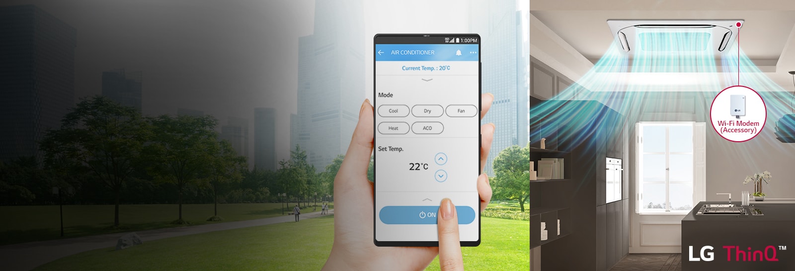 On the left, an individual manages the air conditioner using the ThinQ app. On the right, a Wi-Fi modem-equipped LG unit disperses air.