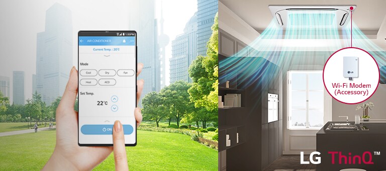 On the left, an individual manages the air conditioner using the ThinQ app. On the right, a Wi-Fi modem-equipped LG unit disperses air.