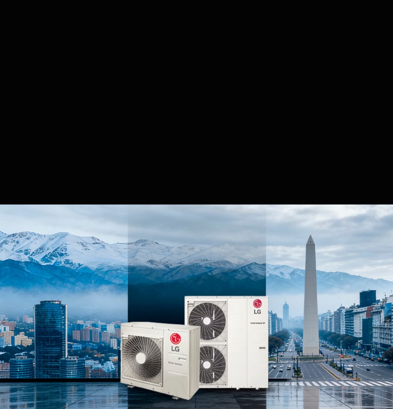 Plano técnico del sistema de chiller de LG que muestra componentes etiquetados y configuraciones de flujo para la climatización HVAC