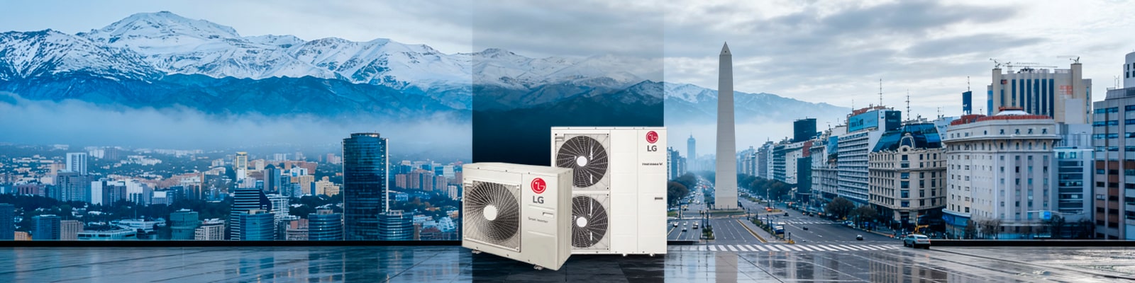 Plano técnico del sistema de chiller de LG que muestra componentes etiquetados y configuraciones de flujo para la climatización HVAC