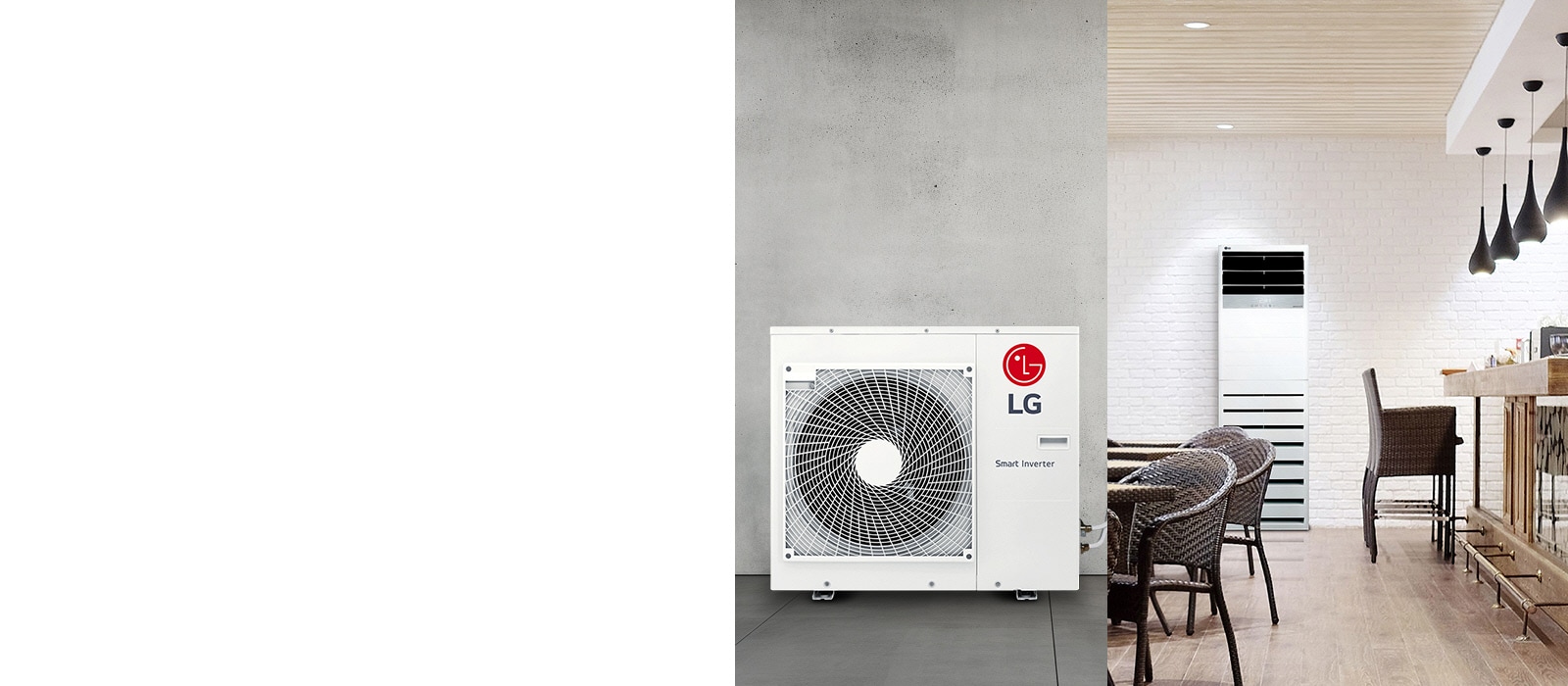 Una unidad exterior LG Smart Inverter está a la izquierda, mientras que una unidad interior LG Floor Standing está instalada en el comedor a la derecha.