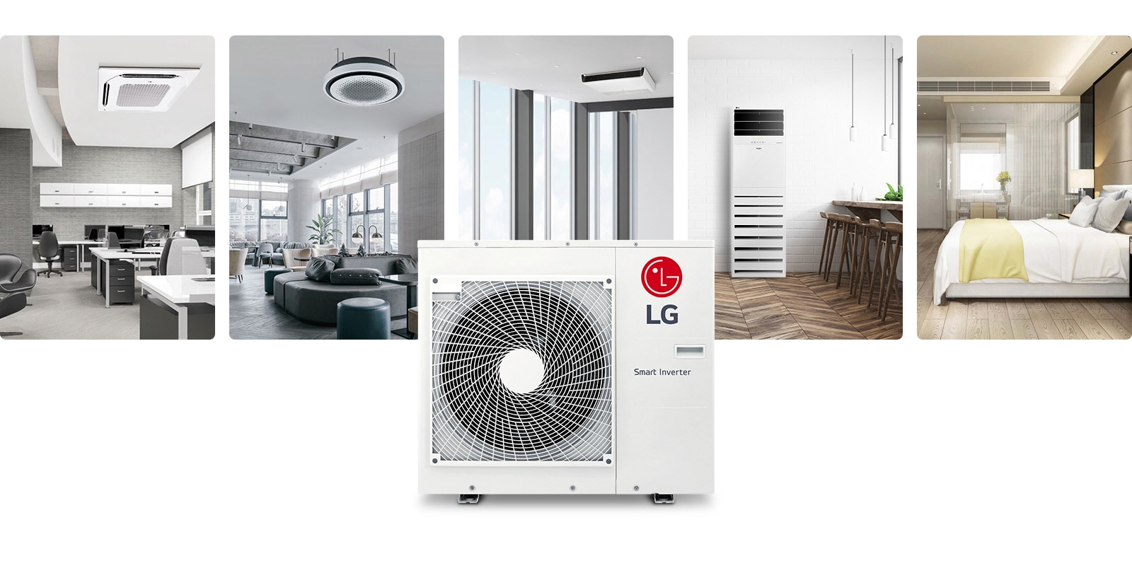 Muestra una unidad exterior LG Smart Inverter en el centro, con varios casos de instalación de unidades interiores por detrás.