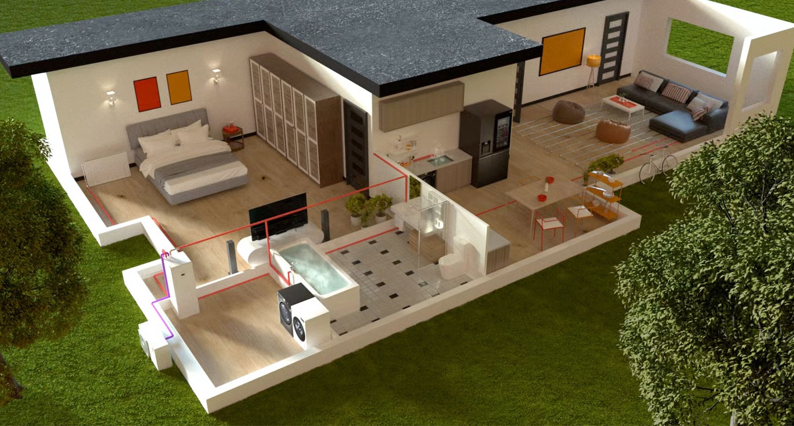 Estructura interna de la casa, funcionamiento de la bomba de calor suministrando agua y calor a todas las habitaciones y espacios de la casa.