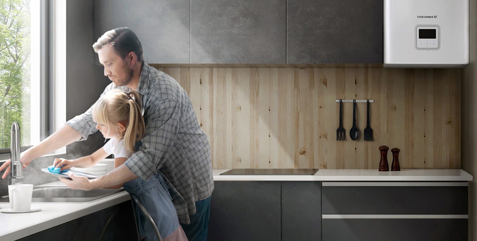 Un padre y su hija lavan los platos con agua caliente en la cocina.