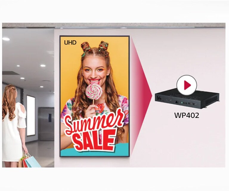 WP402 admite la reproducción de video UHD, y esta escena de señalización digital de un centro comercial es uno de los ejemplos.