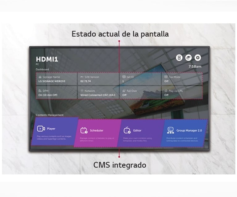 WP402 proporciona un menú de inicio que muestra el estado actual de la pantalla y el CMS integrado.