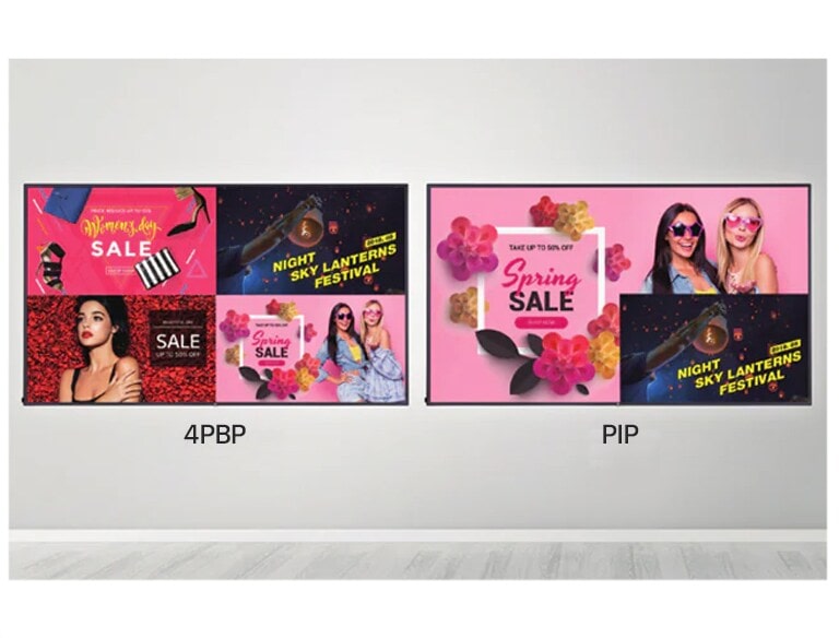 PBP proporciona 4 pantallas para 1 pantalla y PIP consiste en la pantalla principal y la segunda pantalla en varios diseños.
