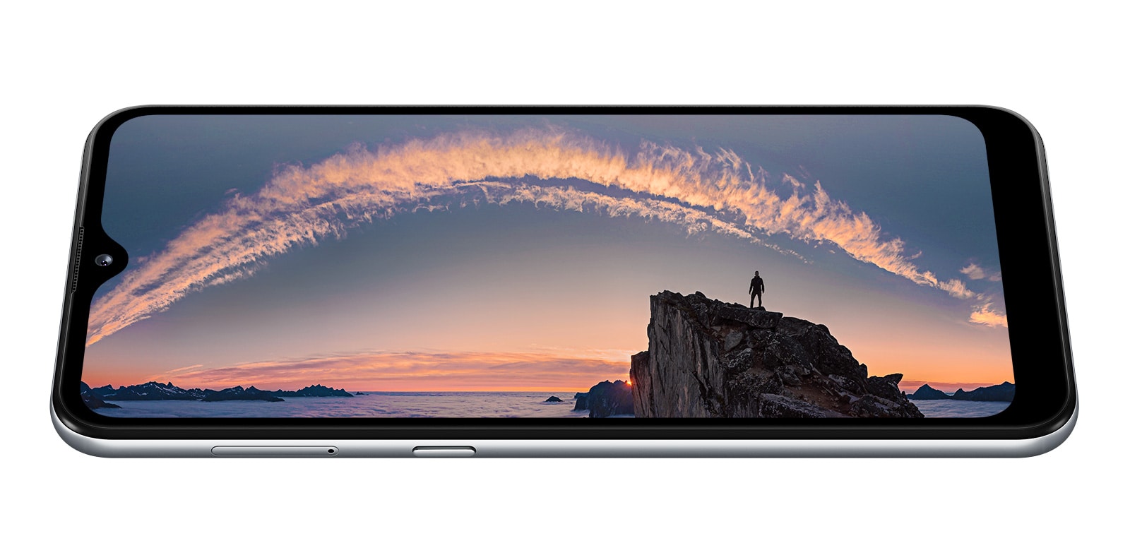 Smartphone con hermosa imagen de la puesta de sol sobre el mar