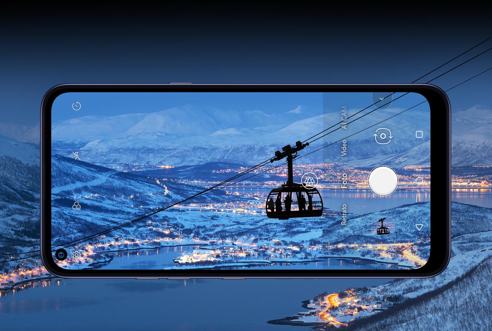 Smartphone fotografiando un teleférico en la montaña con vistas