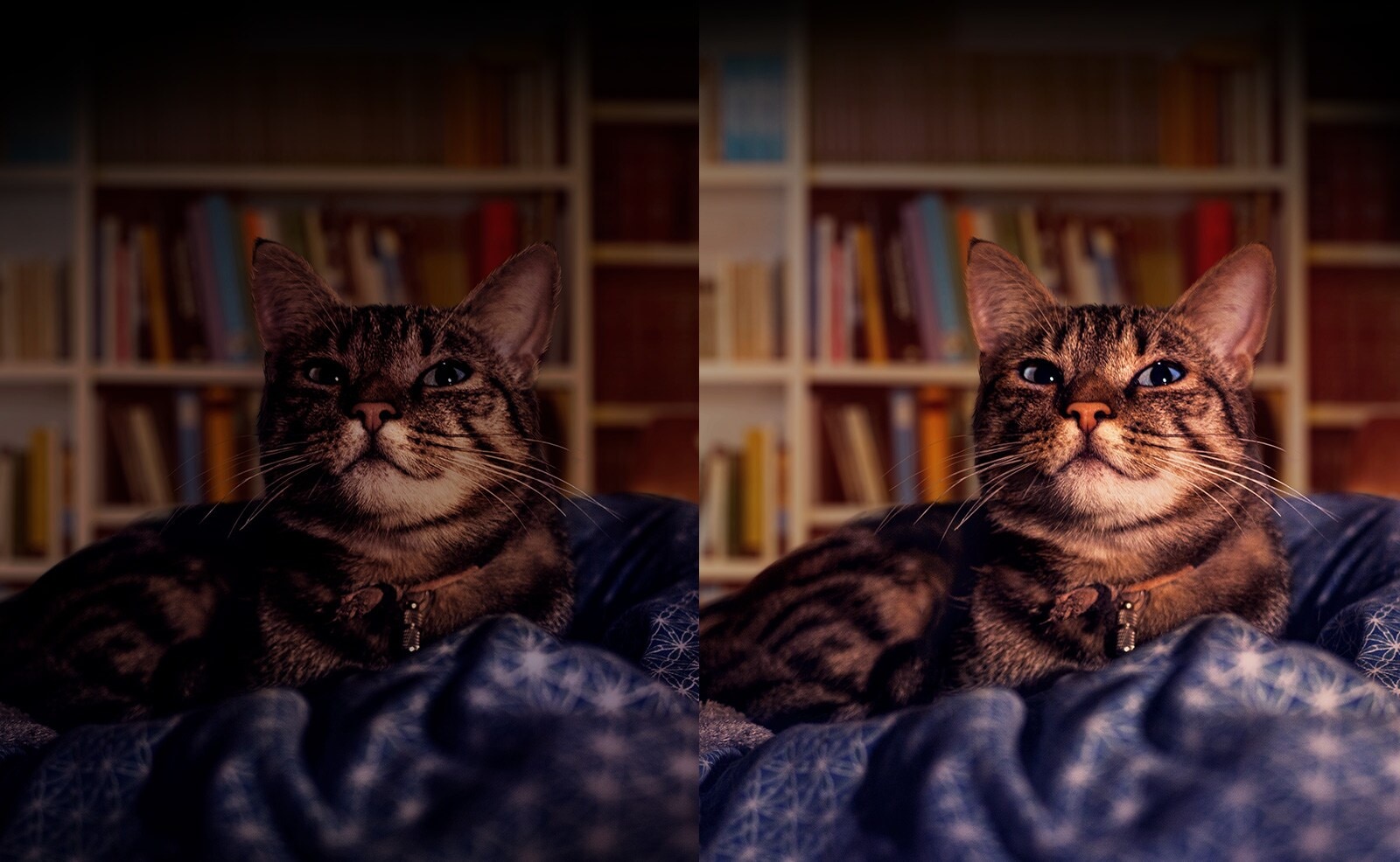 La misma imágen de una mujer en un entorno de poca luminosidad a la izquierda y correctamente iluminada a la derecha