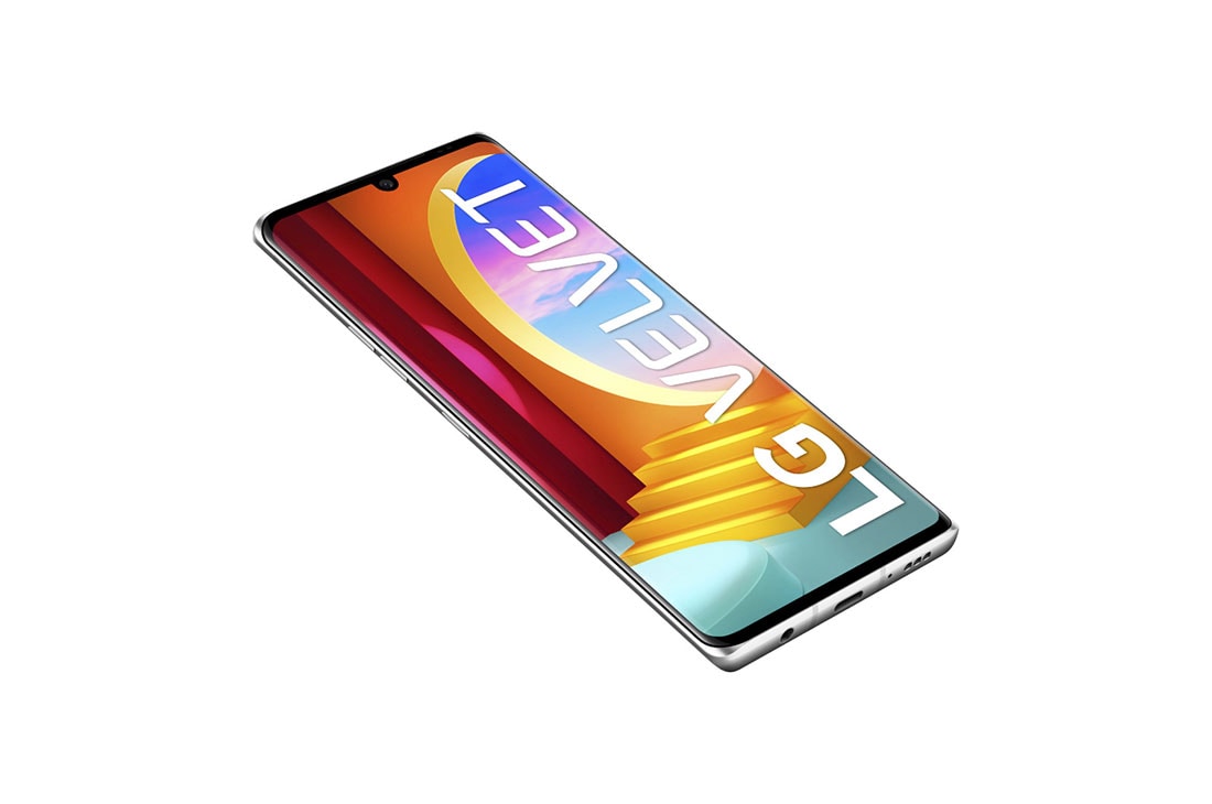 LG Velvet Aurora Silver, vista frontal a +45 grados, LMG910HM, thumbnail 6