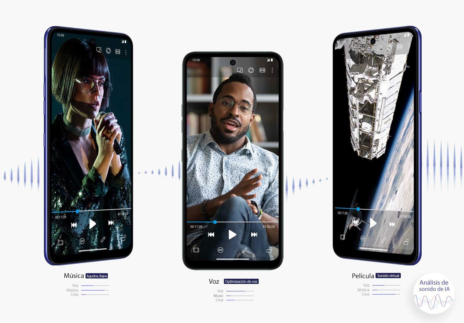Tres teléfonos inteligentes que reproducen una película, música y un video cada uno.