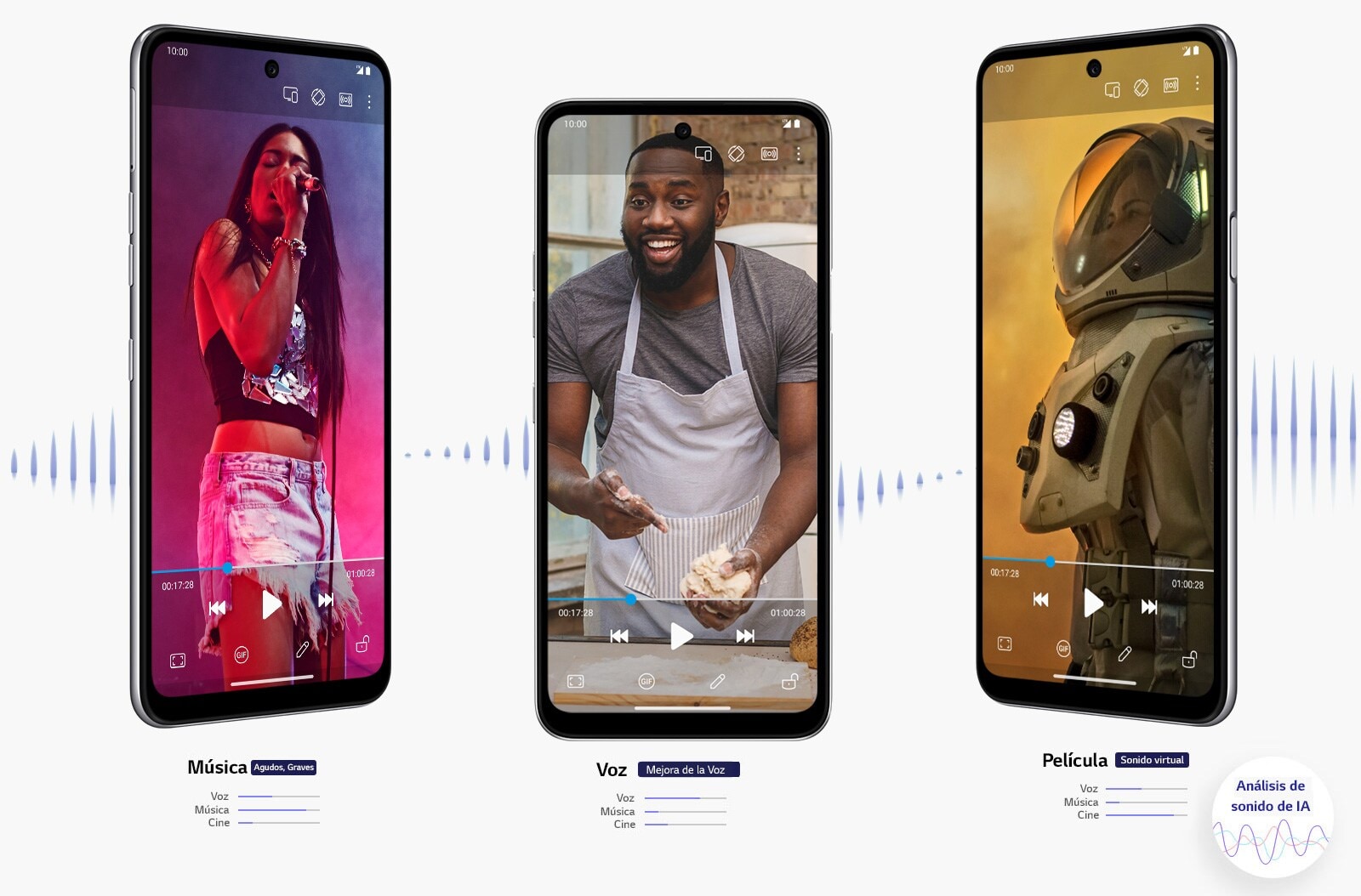 Tres teléfonos inteligentes que reproducen una película, una música y un video cada uno.