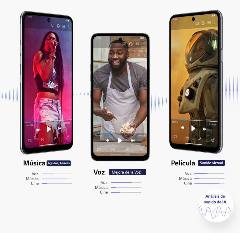 Tres teléfonos inteligentes que reproducen una película, una música y un video cada uno.