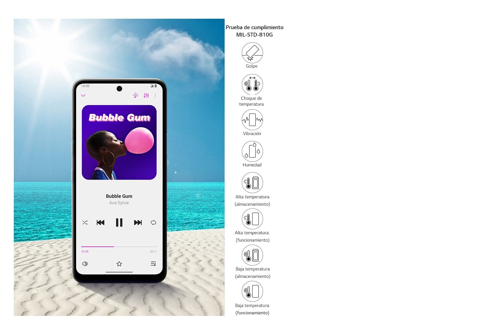 Smartphone de pie en la playa tocando música