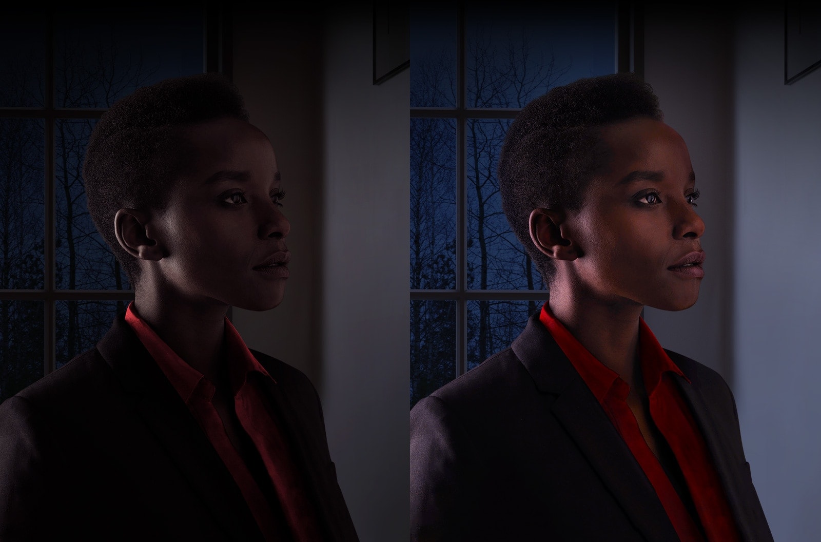 The same pictures of a woman which looks dark on the left and bright on the right