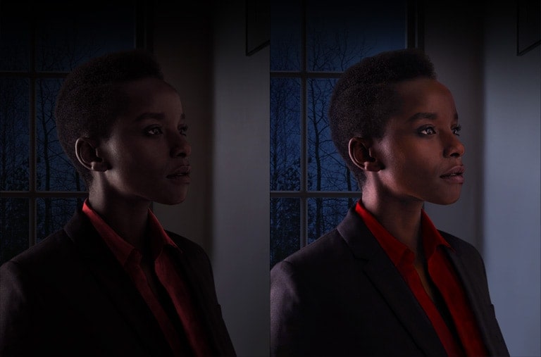 The same pictures of a woman which looks dark on the left and bright on the right