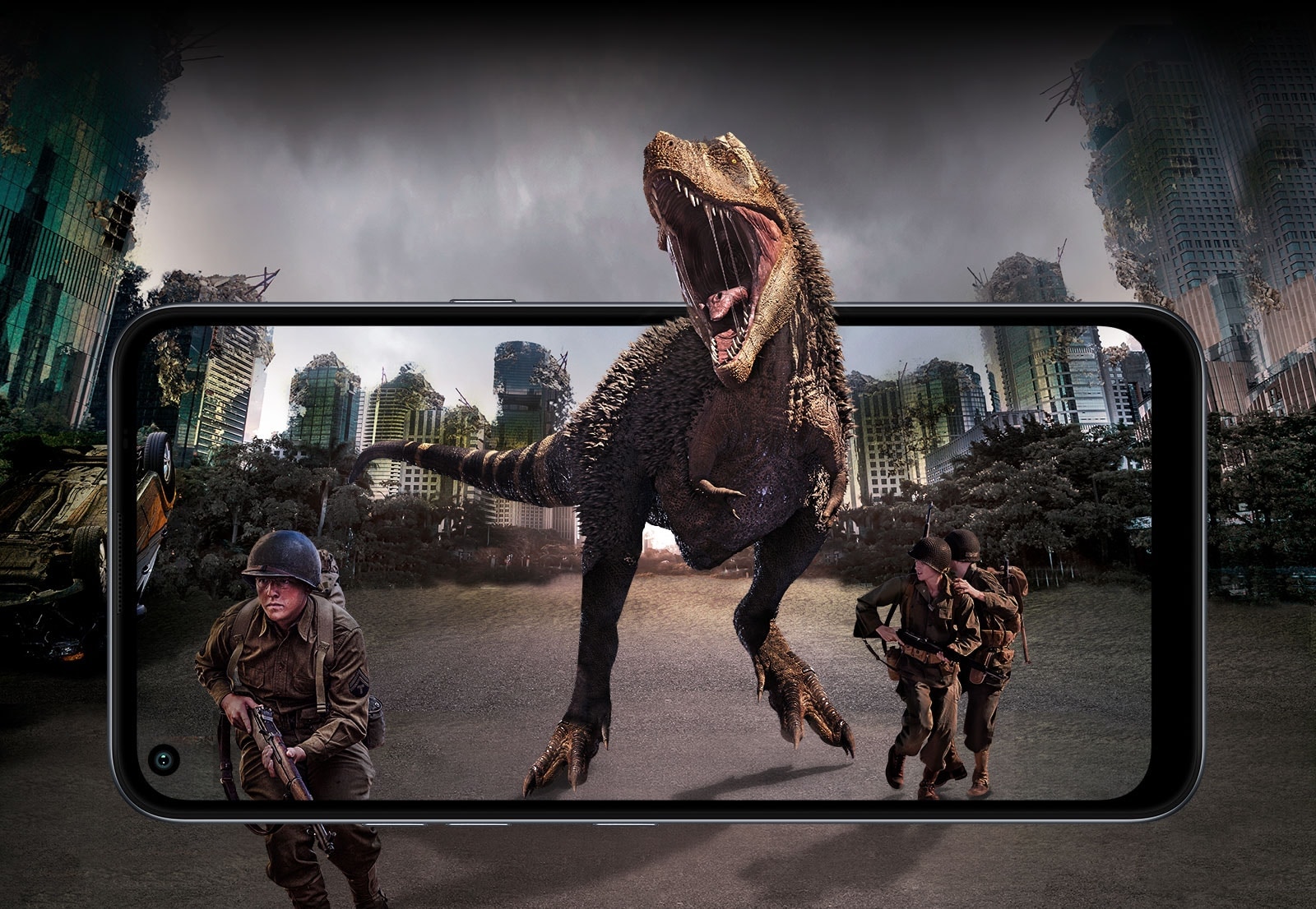 Behind the ruined city and battle with a dinosaur and soldiers