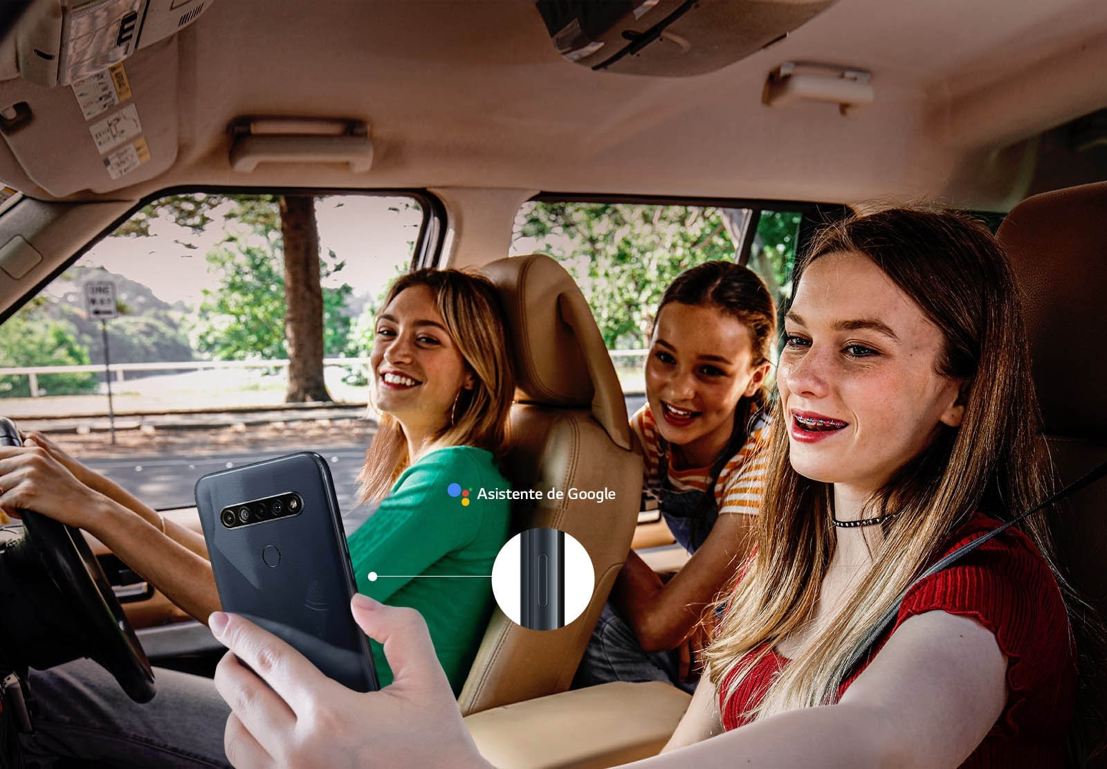 Woman searching with her smartphone in the car using google assistant function