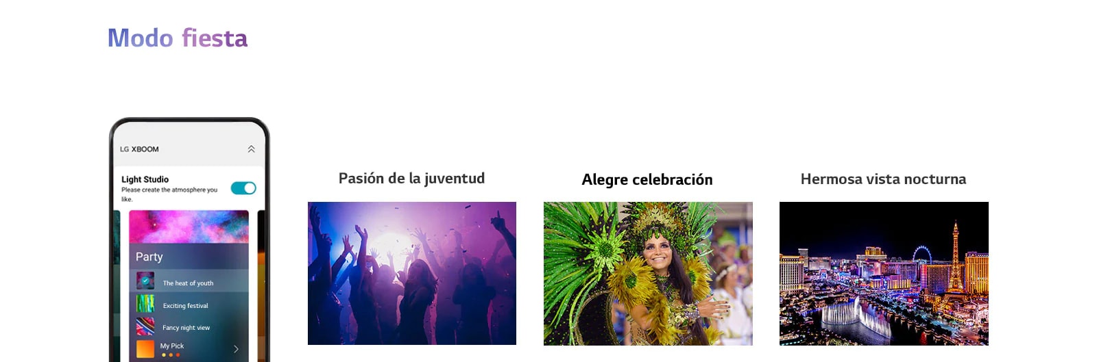 "Imagen del teléfono móvil con la pantalla de la aplicación encendida en modo fiesta. Imágenes de silueta de personas bailando en clubes. La imagen de una mujer con ropa de fiesta colorida. La vista nocturna de la ciudad coloreada con colores neón."