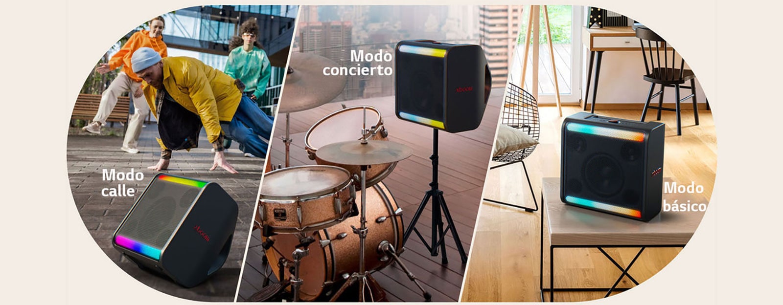 A la izquierda, el xboom Stage 301 se encuentra en el suelo frente a personas que bailan. En la parte central, el xboom Stage 301 está colocado sobre su soporte junto a una batería. A la derecha, el xboom Stage 301 se encuentra sobre una mesa en una sala de estar.