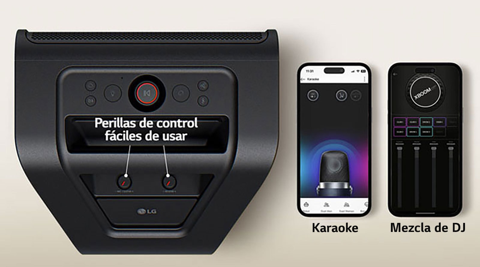 A la izquierda, la vista superior del xboom Stage 301 con sus perillas y botones marcados. A la derecha, se encuentran colocados dos teléfonos móviles con las pantallas de la aplicación xboom mostradas.