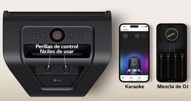 A la izquierda, la vista superior del xboom Stage 301 con sus perillas y botones marcados. A la derecha, se encuentran colocados dos teléfonos móviles con las pantallas de la aplicación xboom mostradas.