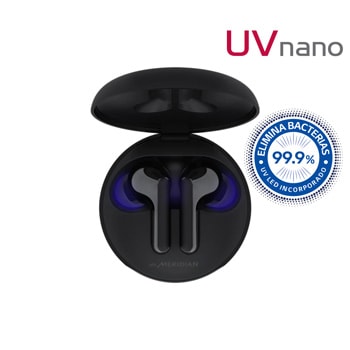 LG Tone Free FN6, Vista superior del estuche de carga LG TONE Free abierto y los auriculares dentro con la luz ultra violeta de limpeza activada, HBS-FN61