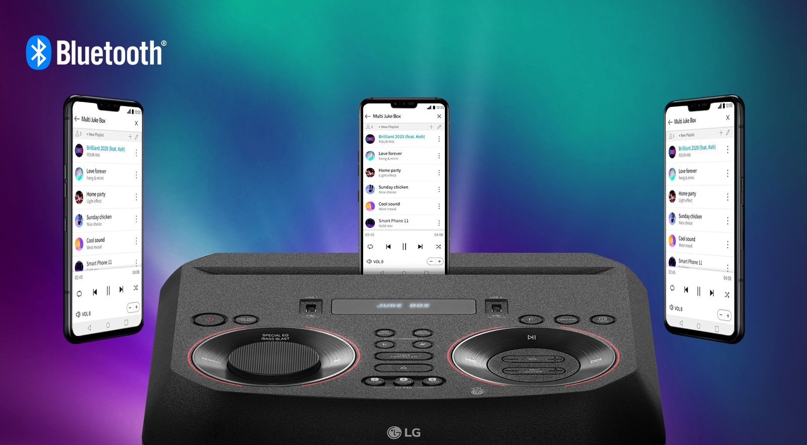 Un smartphone está en un LG XBOOM con otros dos teléfonos inteligentes flotando a su alrededor. Un logotipo de Bluetooth está en la esquina superior izquierda.