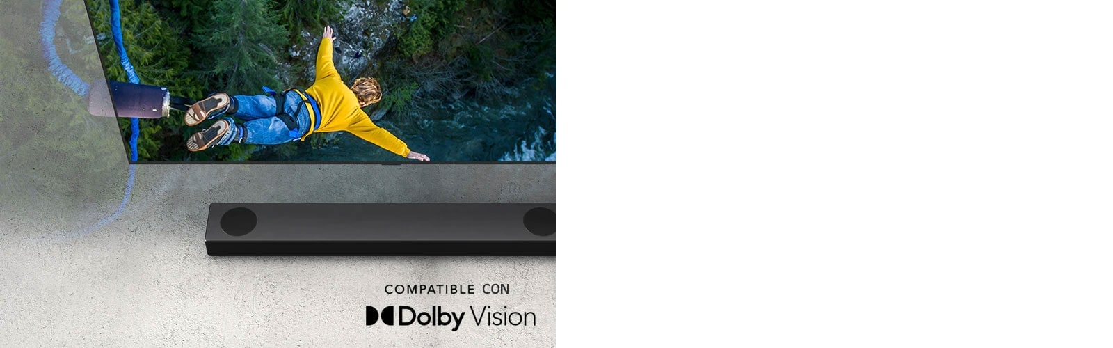 El televisor LG muestra a una persona saltando en bungee y la barra de sonido LG se coloca debajo del televisor.