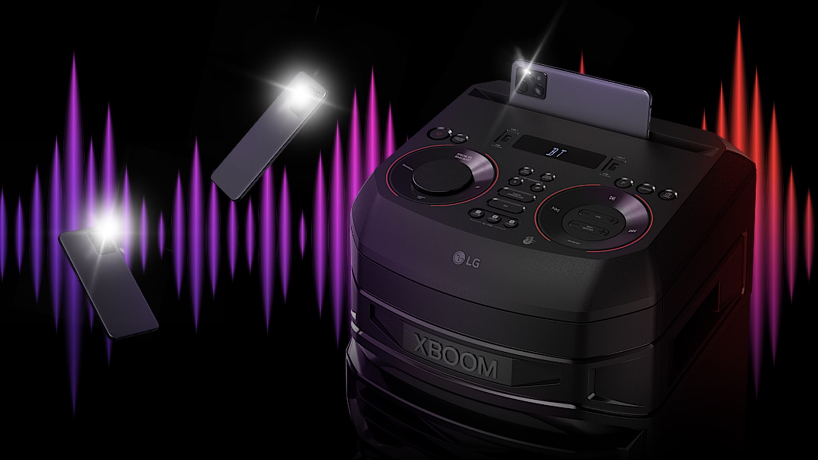 Una vista de primer plano de la parte superior del LG RNC7. Dos teléfonos inteligentes parpadeantes flotan a su alrededor. Hay un ecualizador de colores detrás del altavoz.