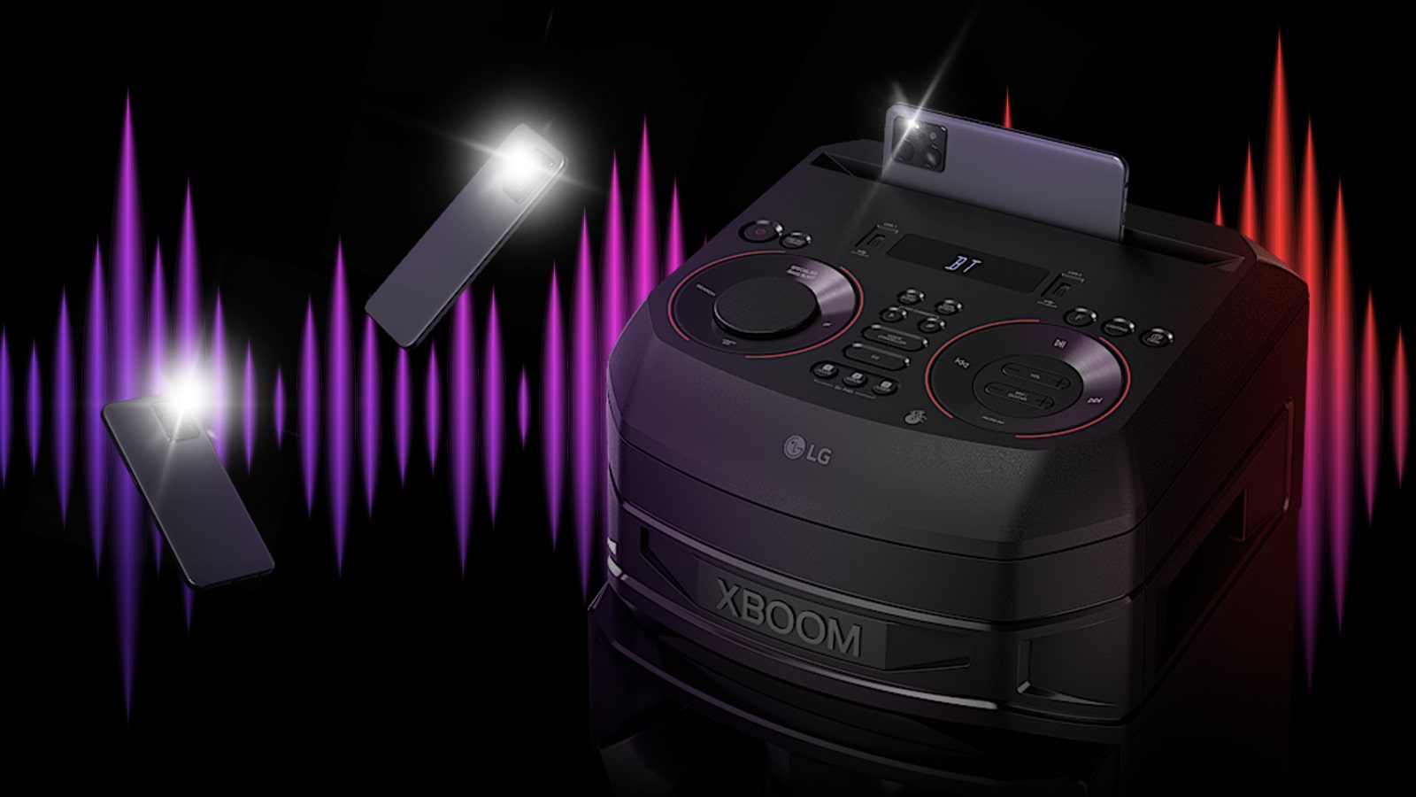 Una vista de primer plano de la parte superior del LG RNC9. Dos teléfonos inteligentes parpadeantes flotan a su alrededor. Hay un ecualizador de colores detrás del altavoz.