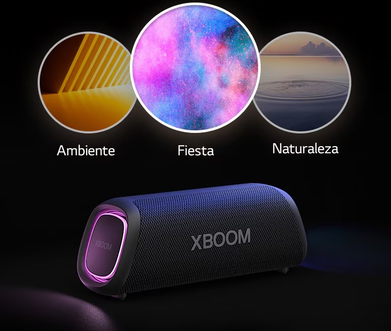 LG XBOOM Go XG7 con iluminación violeta se coloca en el suelo. En la parte superior de la bocina, muestra tres modos de Light Studio; ambiente, naturaleza y fiesta.