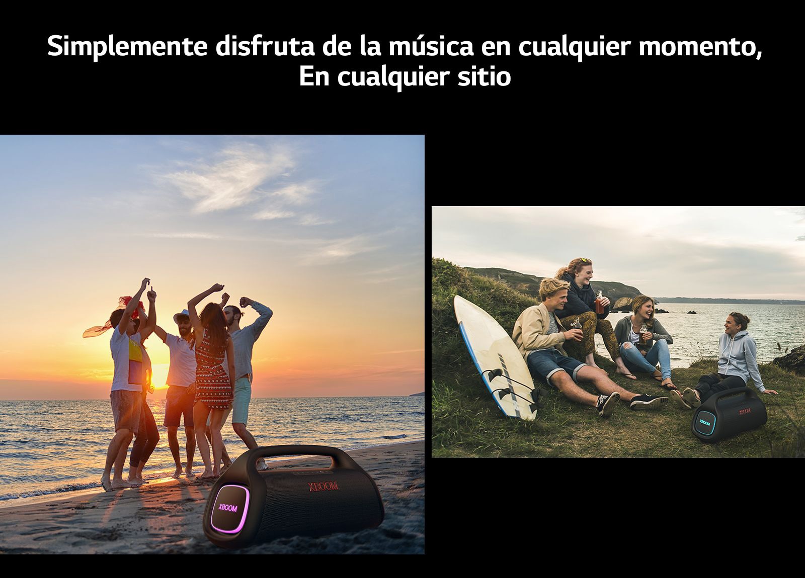 Se coloca una línea sobre el texto para fines de diseño. Debajo del texto, tiene dos imágenes. Desde la izquierda, un grupo de personas baila mientras se coloca en la arena un LG XBOOM Go XG9 con iluminación rosa. A la derecha, un grupo de jóvenes disfrutando de su tiempo cerca de la playa. LG XBOOM Go XG9 con iluminación cyon se coloca sobre el césped.
