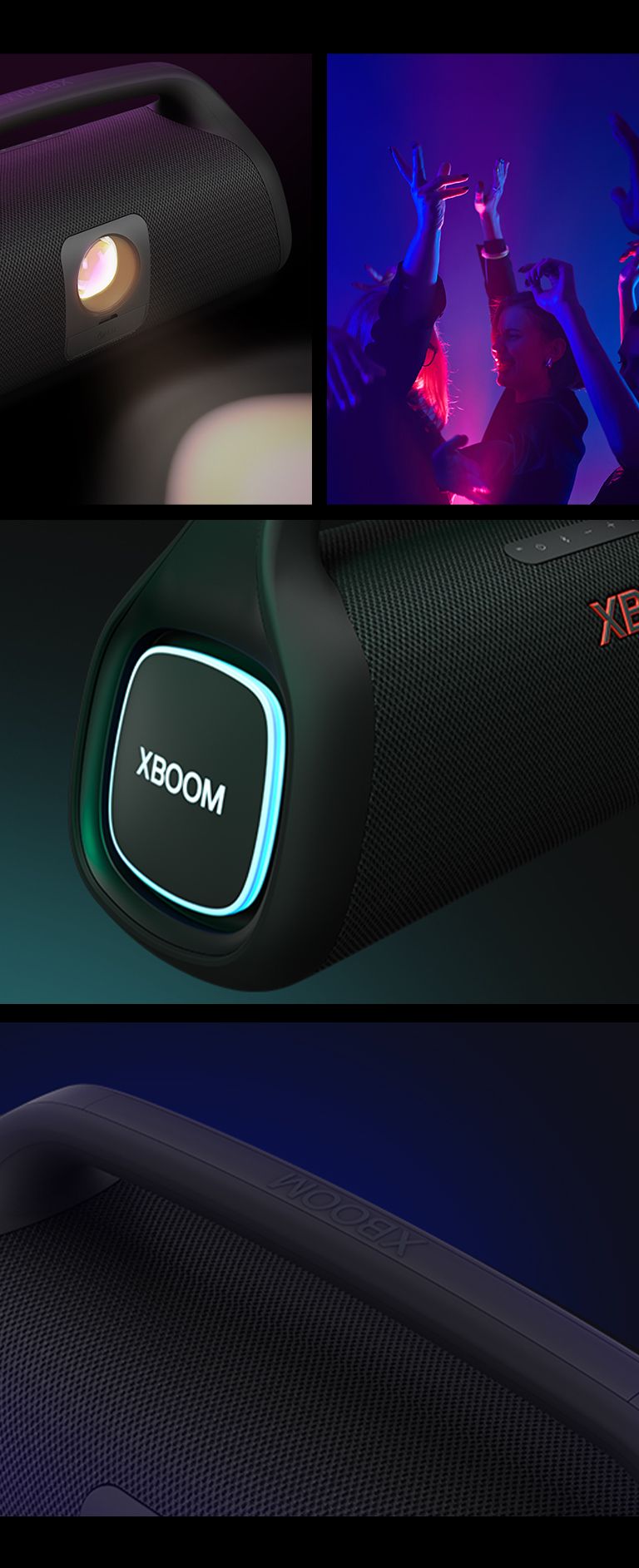 Collage. Desde la izquierda, vista de cerca del LG XBOOM Go XG9. A continuación, una imagen de un hombre haciendo yoga. A la derecha, de arriba abajo: primer plano del altavoz con iluminación rosa y dos vasos de bebida.