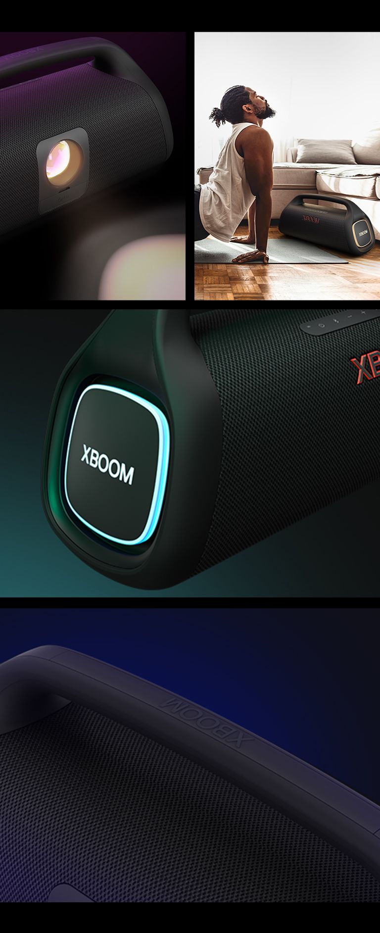 Collage. Desde la izquierda, vista de cerca del LG XBOOM Go XG9. A continuación, una imagen de un hombre haciendo yoga. A la derecha, de arriba abajo: primer plano del altavoz con iluminación rosa y dos vasos de bebida.