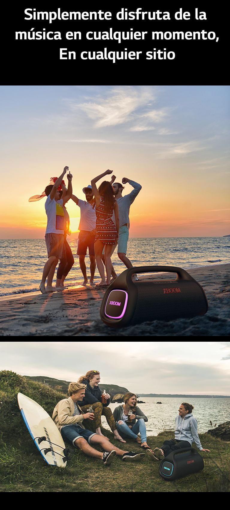 Se coloca una línea sobre el texto para fines de diseño. Debajo del texto, tiene dos imágenes. Desde la izquierda, un grupo de personas baila mientras se coloca en la arena un LG XBOOM Go XG9 con iluminación rosa. A la derecha, un grupo de jóvenes disfrutando de su tiempo cerca de la playa. LG XBOOM Go XG9 con iluminación cyon se coloca sobre el césped.