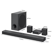 LG Barra de Sonido S80QR │ 600 W │5.1.3 CH │ Dolby Atmos, Vista diagonal de la barra de sonido, el subwoofer y los altavoces traseros con tamaño, S80QR, thumbnail 3